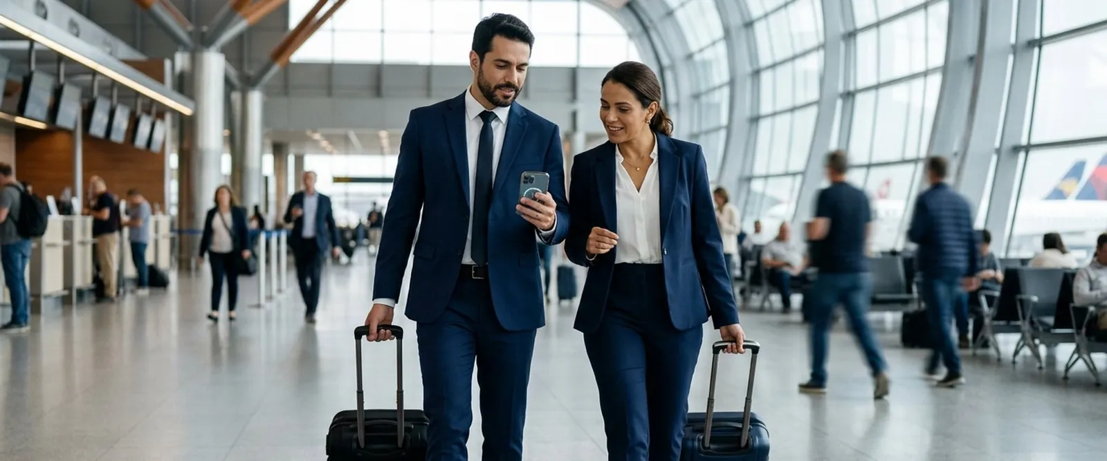 Viajante corporativo reservando pelo app